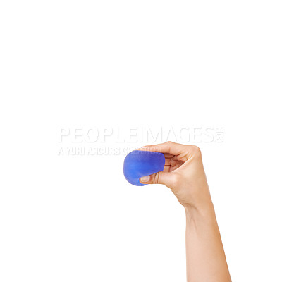 Buy stock photo Woman, hand and stress ball for anger management, anxiety or finger exercise against a white studio background. Closeup of female person or palm with round object for relief or tension on mockup