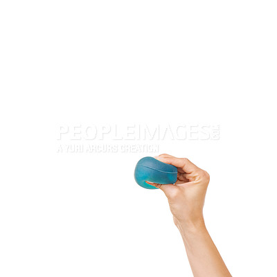 Buy stock photo Woman, hand and stress ball for anxiety, workout exercise or fitness on a white studio background. Closeup of female person or palm with round object for anger management, relief or tension on mockup
