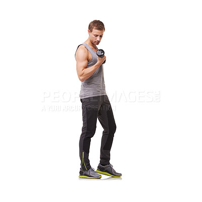 Buy stock photo Fitness, white background or man in dumbbells exercise, training or workout for body or wellness. Mockup space, studio or healthy athlete bodybuilder weightlifting for strong biceps muscle or power