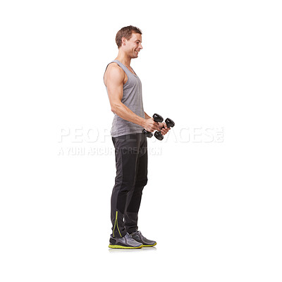 Buy stock photo Full-body of a fit young man doing bicep curls while isolated on a white background