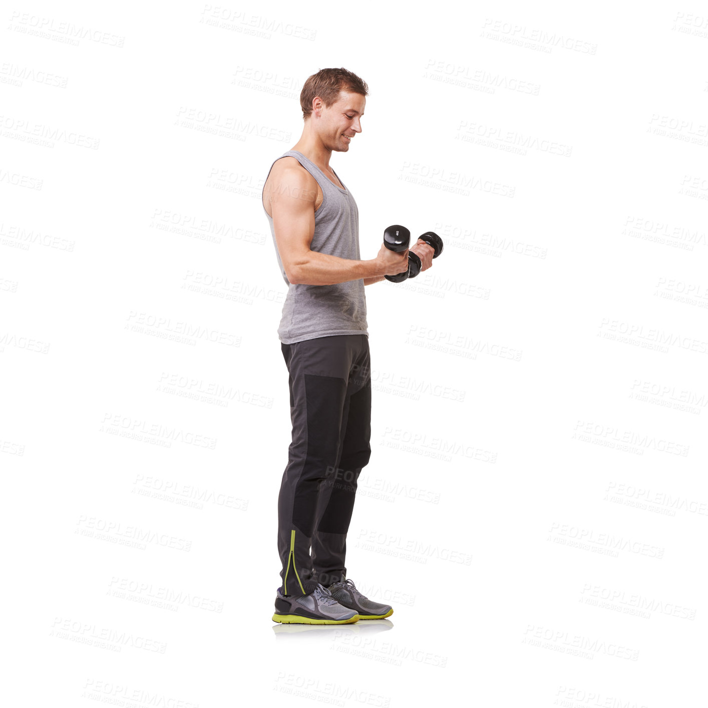 Buy stock photo Fitness, profile or strong man with dumbbells training, exercise or workout for body or wellness. White background, studio space or healthy athlete bodybuilder weightlifting for biceps muscle power