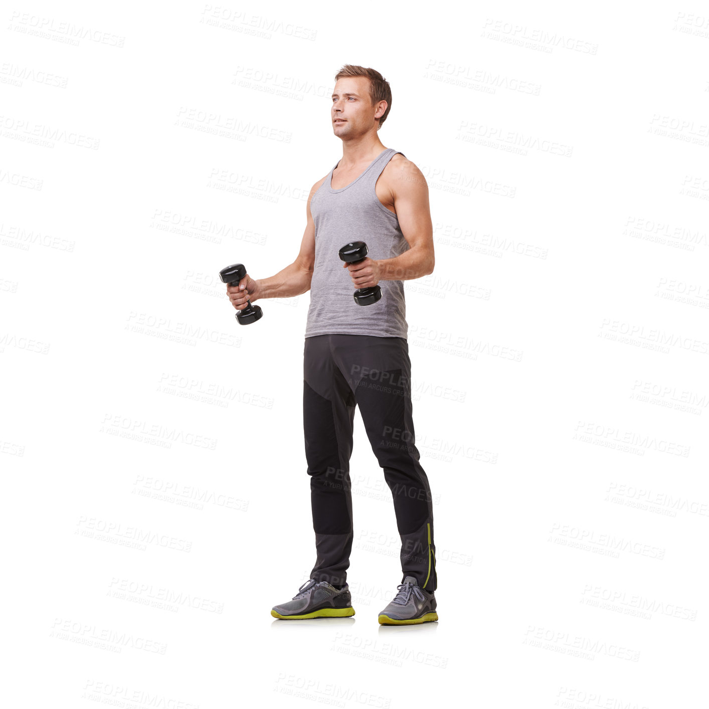 Buy stock photo Fitness, mockup or strong man with dumbbells training, exercise or workout for body or wellness. White background, studio space or healthy athlete bodybuilder weightlifting for biceps muscle power