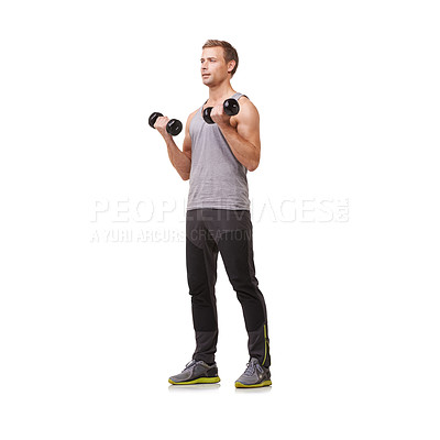 Buy stock photo Fitness, studio or strong man with dumbbells training, exercise or workout for body or wellness. White background, mockup space or healthy athlete bodybuilder weightlifting for biceps muscle power