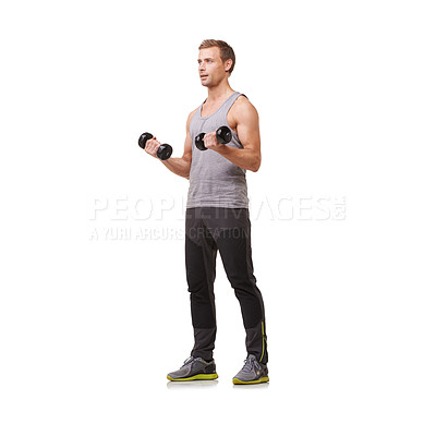 Buy stock photo Fitness, athlete or strong man with dumbbells training, exercise or workout for body or wellness. White background, studio mockup space or healthy bodybuilder weightlifting for biceps muscle power