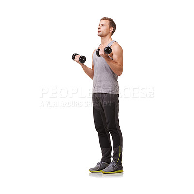 Buy stock photo Fitness, bodybuilder or strong man with dumbbells training, exercise or workout for body or wellness. White background, studio mockup space or healthy athlete weightlifting for biceps muscle power