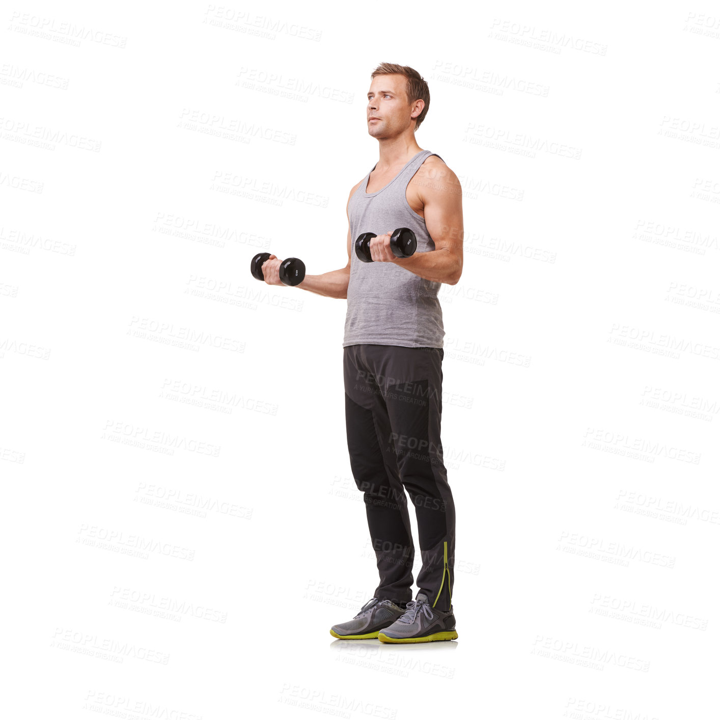 Buy stock photo Fitness, bodybuilder or athlete with dumbbells training, exercise or workout for body or wellness. White background, studio mockup space or healthy man weightlifting for strong biceps muscle power
