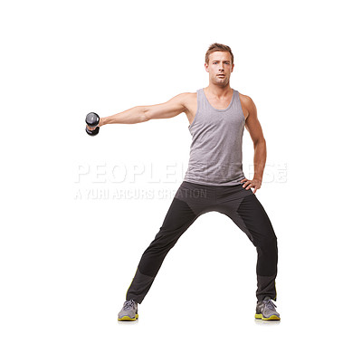 Buy stock photo Workout, bodybuilder or man with dumbbells training, exercise or fitness for wellness. White background, studio mockup space or healthy athlete doing lateral raises for strong shoulders or muscle