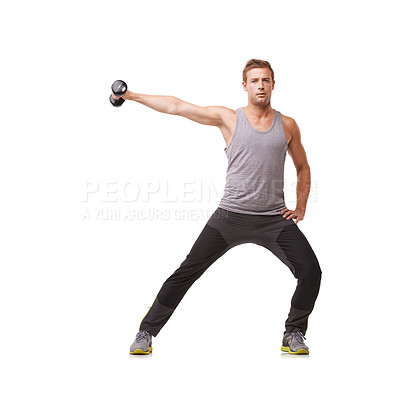 Buy stock photo Portrait, bodybuilder or man with dumbbells training, exercise or fitness for wellness in studio. White background, mockup or healthy athlete in lateral raises workout for strong shoulders or muscle