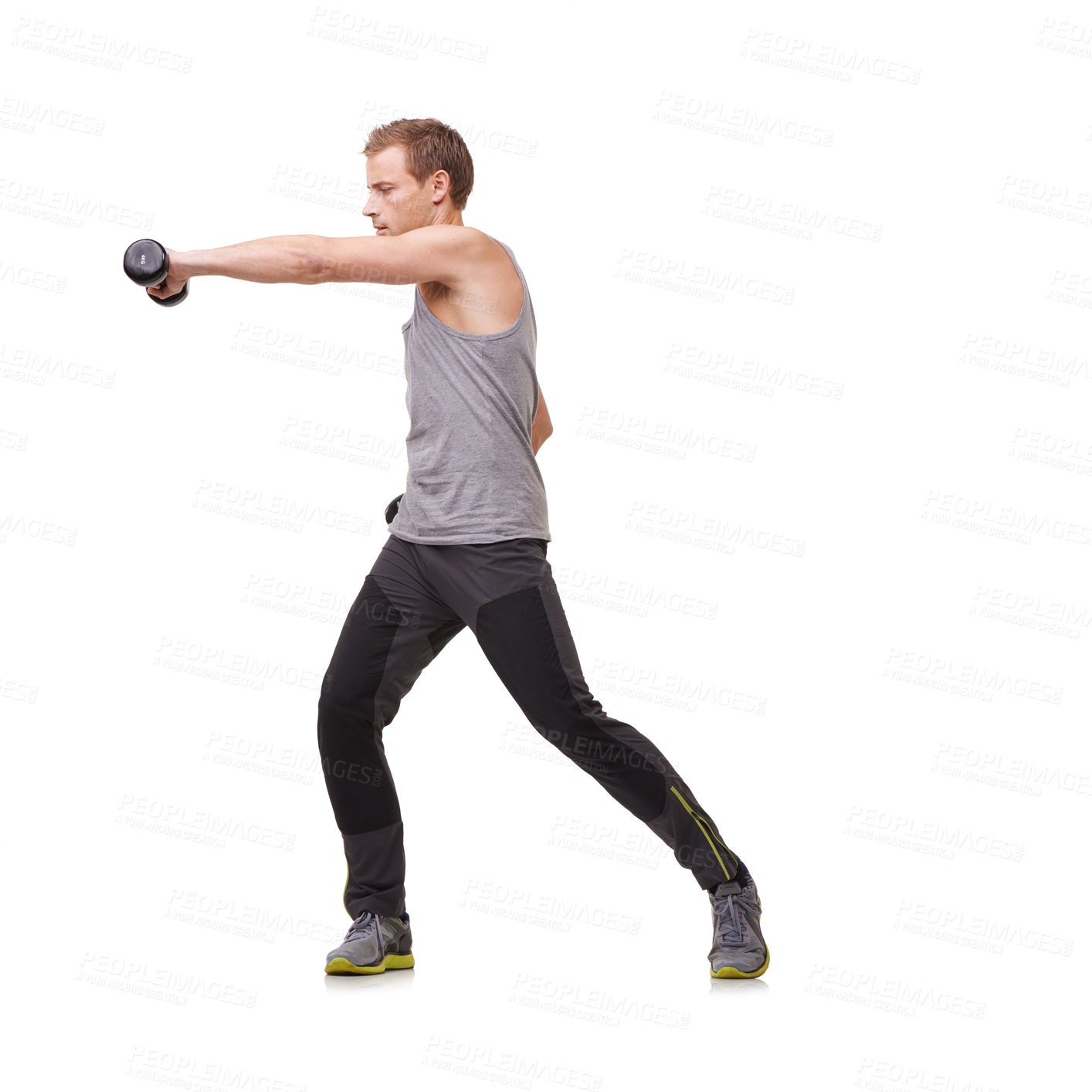 Buy stock photo Punching, white background or man with dumbbells training, exercise or workout for body or fitness. Mockup space, studio or healthy athlete bodybuilder boxing for strong biceps muscle or arm power
