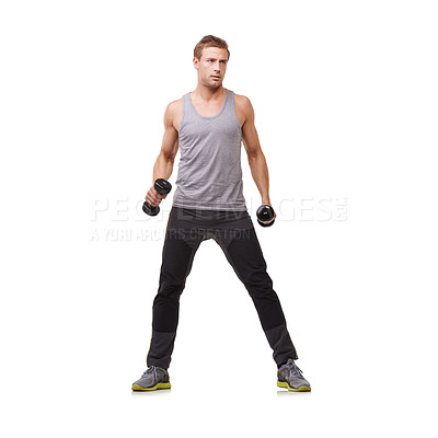 Buy stock photo Fitness, white background or bodybuilder with dumbbells training, exercise or workout for wellness. Mockup space, strong man or healthy athlete weightlifting for biceps muscle or power in studio