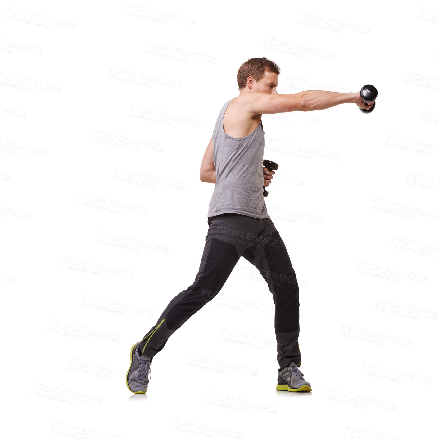 Buy stock photo Boxing, white background or man with dumbbells training, exercise or workout for body or fitness. Mockup space, studio or healthy athlete bodybuilder punching for strong biceps muscle or arm power