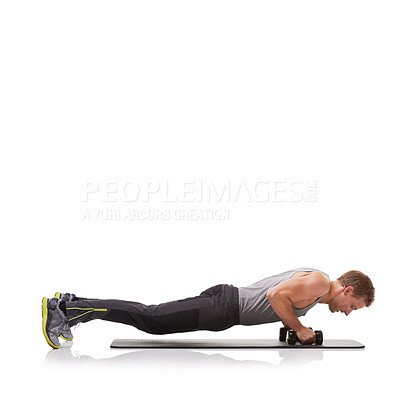 Buy stock photo Push ups, space or athlete in dumbbells training, exercise or workout for fitness on white background. Studio mockup, man or healthy male bodybuilder weightlifting for strong biceps muscle or power