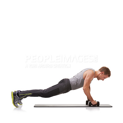 Buy stock photo Push ups, studio or athlete in dumbbells training, exercise or workout for fitness on white background. Mockup space, man or healthy male bodybuilder weightlifting for strong biceps muscle or power