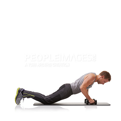 Buy stock photo Push up, studio space or man in dumbbells training, exercise or workout for fitness on white background. Mockup, energy or healthy athlete bodybuilder weightlifting for strong biceps muscle or power