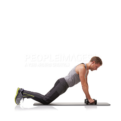 Buy stock photo Push up, knee or athlete in dumbbells training, exercise or workout for fitness on white background. Studio mockup space, man or healthy bodybuilder with weights for strong biceps muscle or power