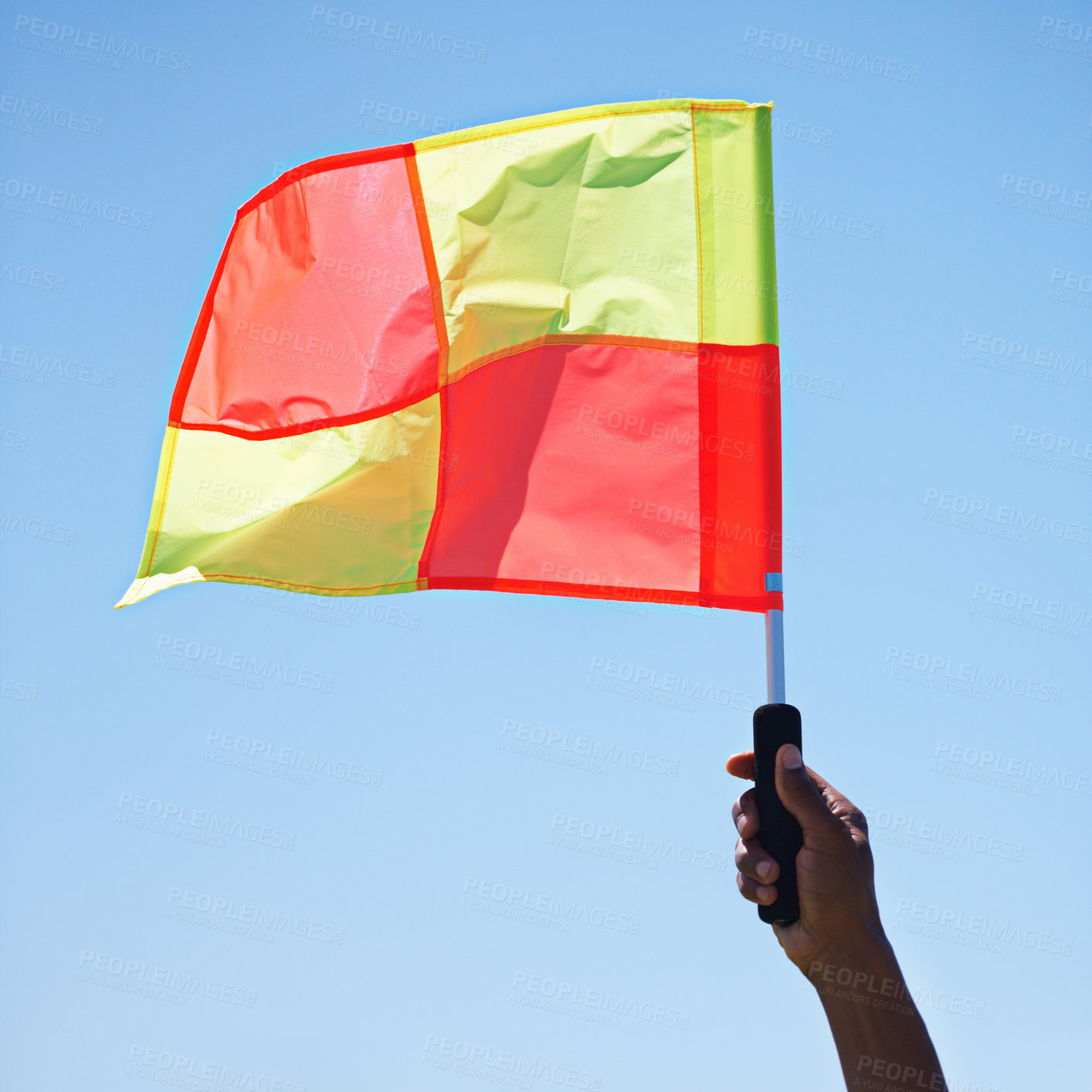 Buy stock photo Flag, stop and soccer referee in football match or game wave a foul sign during sport training or workout. Hand, sports and person or assistant official raise or signal mistake in sky background