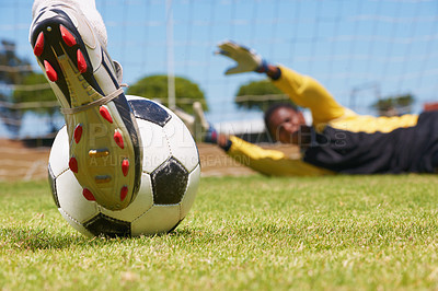 Buy stock photo Cropped closeup of a penalty during a soccer match
