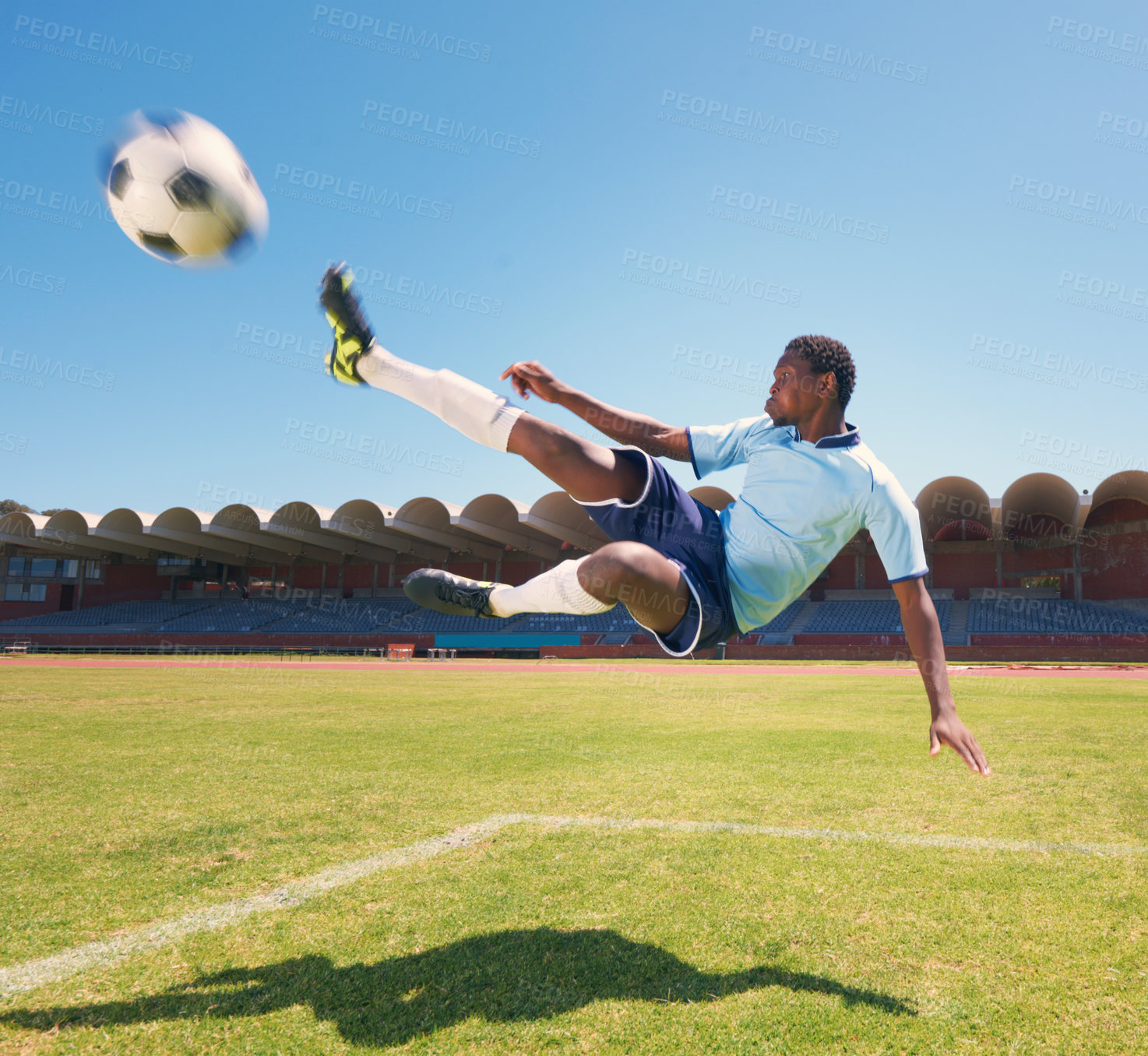 Buy stock photo Soccer man, volley kick and field for fitness, goal or competition for wellness, health or sport. Person, football and shooting for jump, air or training in summer sunshine at stadium, pitch or grass