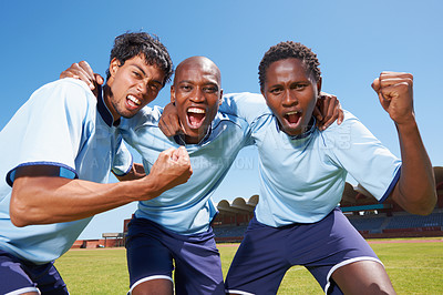 Buy stock photo Men, sports and group celebration on field for achievement, goals or diversity for training, exercise or contest. People, team and fist with cheers, shout or excited for progress in game with support