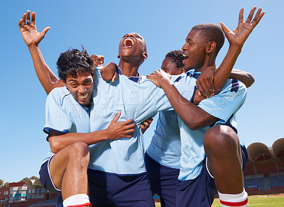 Buy stock photo Men, sports and group cheers on field for achievement, goals or diversity for training, exercise or contest. People, team and hug for celebration, shout or excited for progress in game with support