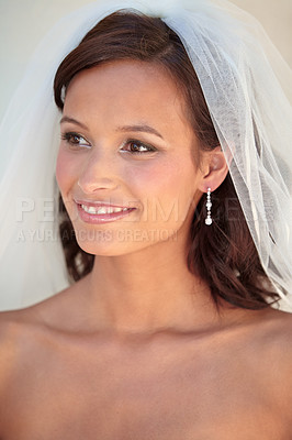 Buy stock photo Woman, wedding and veil for marriage celebration event for romance party, promise commitment or ceremony. Female person, smile and elegant fashion for special traditional or vows, care or partnership