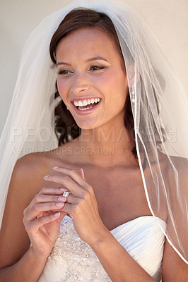 Buy stock photo Woman, wedding dress and ring for marriage celebration event, romance party or promise commitment. Female person, bride and veil or accessory jewelry for love ceremony, partnership or union bonding