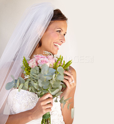 Buy stock photo Woman, flowers and wedding dress for marriage ceremony or commitment celebration, partnership or diamond jewelry. Female person, bride and bouquet or ring accessory for romance, love party or promise