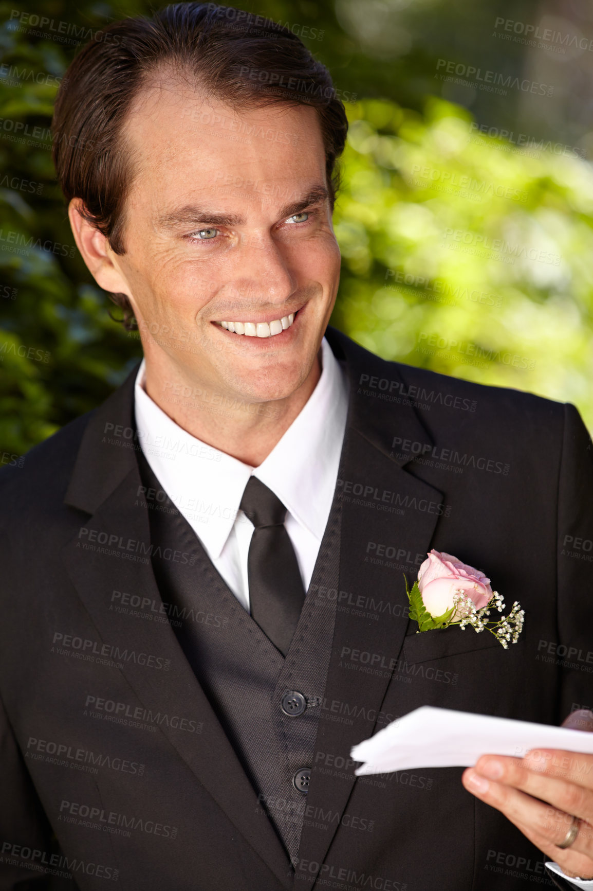 Buy stock photo Man, paper and outdoor at wedding marriage for commitment ceremony, promise speech or romance party. Male person, vows and reading as groom for partnership celebration, relationship trust or love