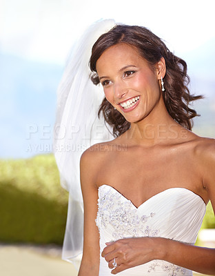 Buy stock photo Woman, wedding dress and outdoor for marriage ceremony celebration event, romance party or promise commitment. Female person, bride and veil in garden park for love partnership, union or vows bonding