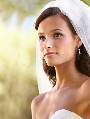 Buy stock photo Woman, wedding dress and veil for outdoor marriage celebration event, romance party or promise commitment. Female person, bride and garden park for love ceremony, partnership or special tradition