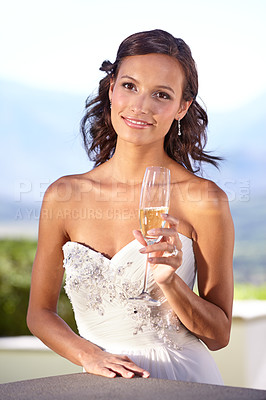 Buy stock photo Woman, portrait and wedding dress or champagne drink for celebration event, love ceremony or bride partnership. Female person, alcohol glass and smile for romance party, commitment in elegant gown