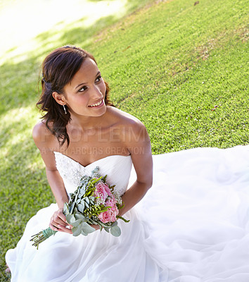 Buy stock photo Woman, flowers and wedding dress for marriage outdoor ceremony or commitment celebration, partnership or romance. Female person, bride and bouquet or elegant gown for happy event, love or promise