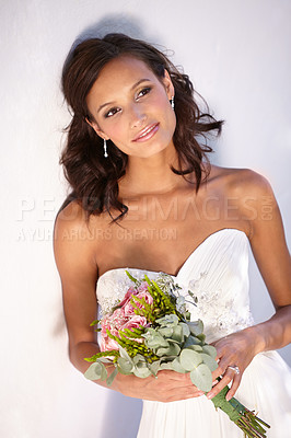 Buy stock photo Woman, flower bouquet and wedding dress or marriage commitment, event  fashion or wall background. Female person, bride and partnership party or elegant accessory for romance, love union or outdoor