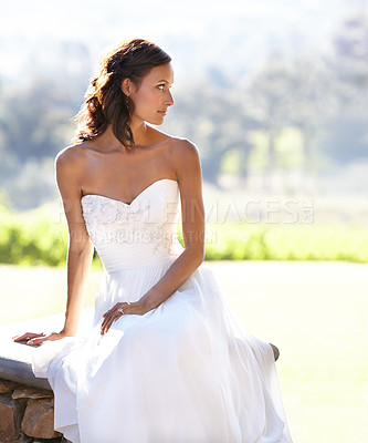 Buy stock photo Woman, wedding dress and marriage event or outdoor celebration of commitment, love or partnership promise. Female person, bride and elegant gown or garden ceremony for happy, romance or nature party