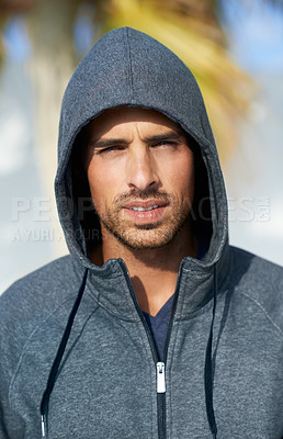 Buy stock photo Fitness, serious and portrait of man athlete ready to run for race, marathon or competition training. Sports, confident and male runner from Canada in nature for outdoor cardio workout or exercise.