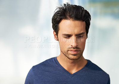 Buy stock photo Man, thinking and sad or grief in home for lonely expression, mental health or wall background. Male person, thoughts and anxiety stress or disappointed depression or fail burnout, loss or fear risk