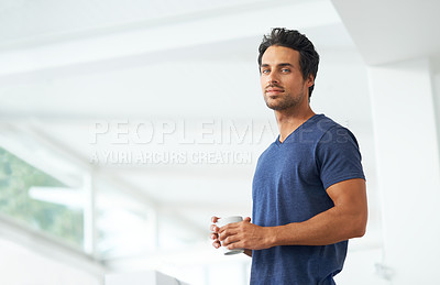 Buy stock photo Man, portrait and coffee for morning drink home for breakfast beverage, relax weekend or holiday vacation. Male person, face and mug for hot caffeine or latte cappuccino, wellness or tea happiness