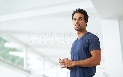Buy stock photo Man, thinking and coffee for morning drink at home for breakfast beverage, relax weekend or holiday vacation. Male person, thoughts and mug for caffeine or latte cappuccino, wellness or mockup space