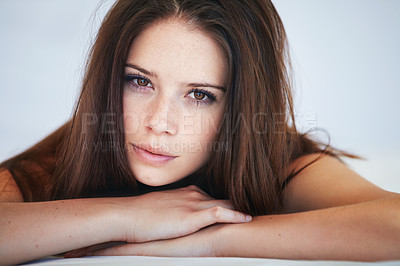 Buy stock photo Serious, makeup and portrait of young woman with beauty, cosmetic and natural routine. Glow, glamour and headshot of beautiful female person from Canada with positive, good and confident attitude.