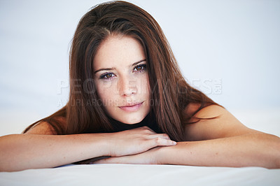 Buy stock photo Makeup, beauty and portrait of young woman with face, cosmetic and natural routine. Glow, glamour and headshot of beautiful person from Canada with positive, good and confident attitude in bedroom.