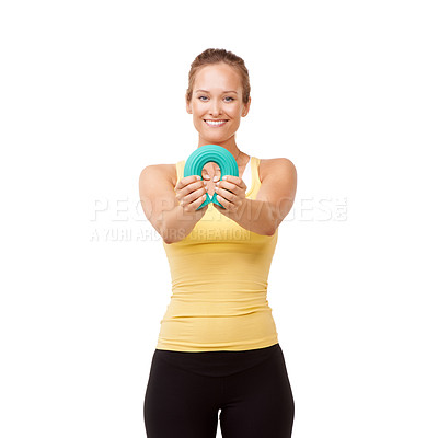 Buy stock photo Happy woman, portrait and bend grip in fitness for arm workout isolated against a white studio background. Young female person, athlete and band for resistance, training or exercise on mockup space