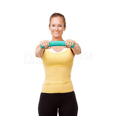 Buy stock photo Happy woman, portrait and bend grip in workout for arm exercise isolated against a white studio background. Young female person, athlete and band for resistance, training or fitness on mockup space