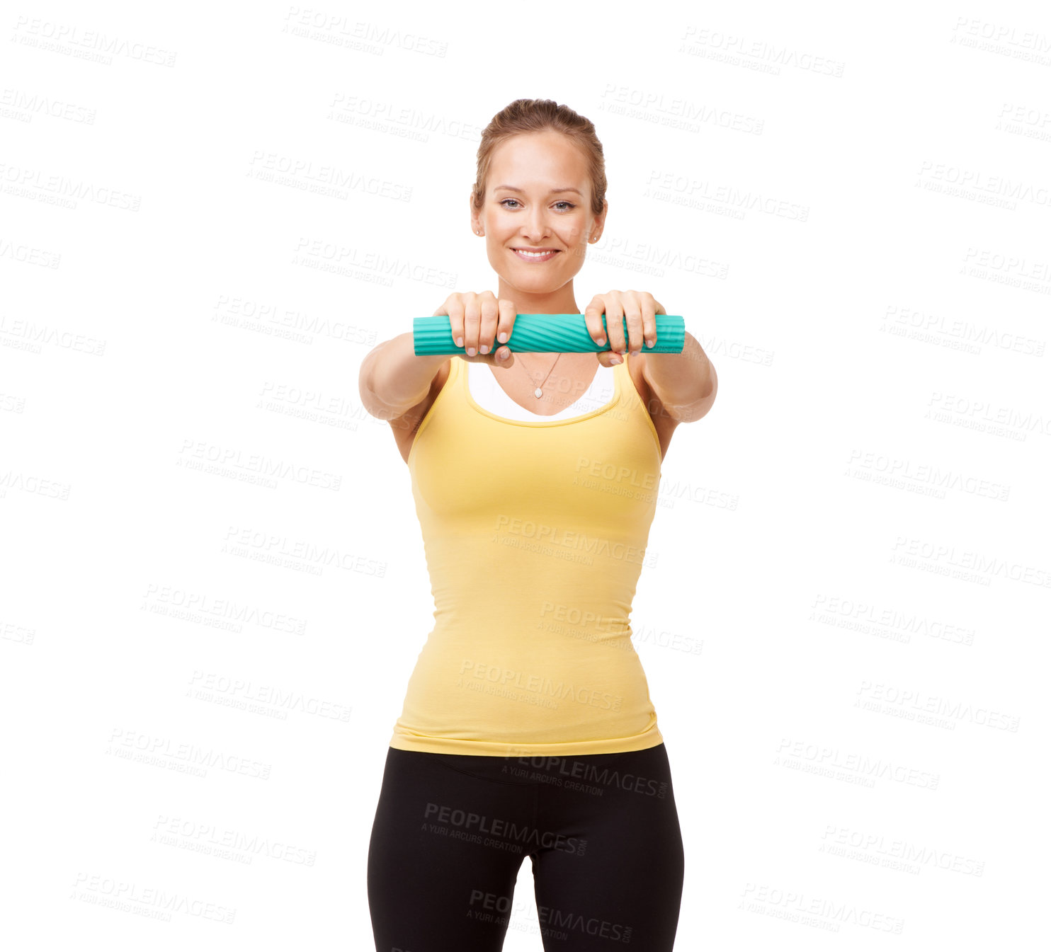 Buy stock photo Happy woman, portrait and grip in arm workout isolated against a white studio background. Young female person or athlete smile holding tube band for resistance, training or exercise on mockup space