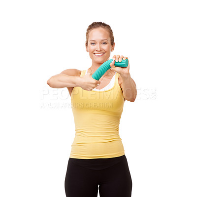 Buy stock photo Happy woman, portrait and bend grip for resistance or arm exercise isolated against a white studio background. Young female person, athlete and band for workout, training or fitness on mockup space