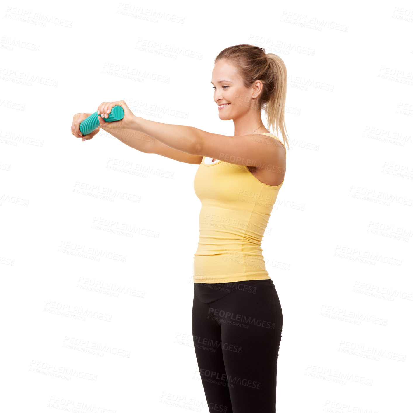 Buy stock photo Happy woman, grip and resistance for arm exercise isolated against a white studio background. Young female person or athlete smile with band or tube in workout, training or fitness on mockup space