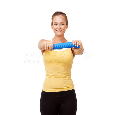 Buy stock photo Studio shot of a young woman doing an arm workout isolated on white