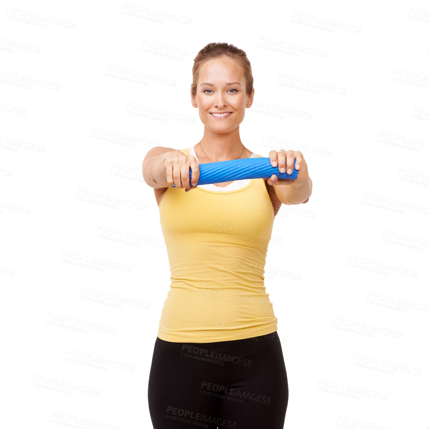 Buy stock photo Studio shot of a young woman doing an arm workout isolated on white