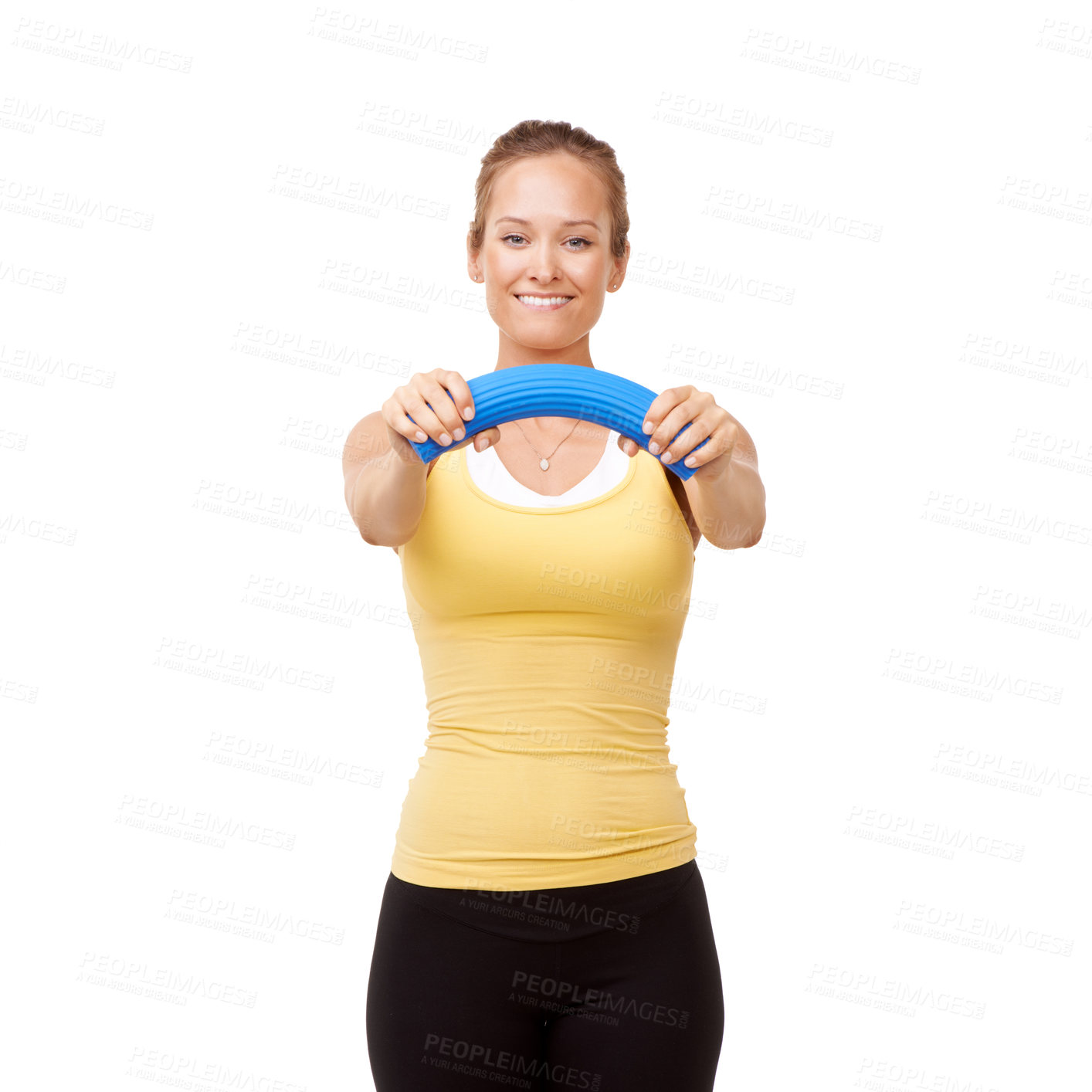 Buy stock photo Happy woman, portrait and bend grip in resistance or arm workout isolated against white studio background. Young female person or athlete with band or tube in exercise, training or fitness on mockup
