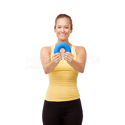 Buy stock photo Happy woman, portrait smile and bend grip in resistance or arm workout against a white studio background. Young female person or athlete with band or tube in exercise, training or fitness on mockup