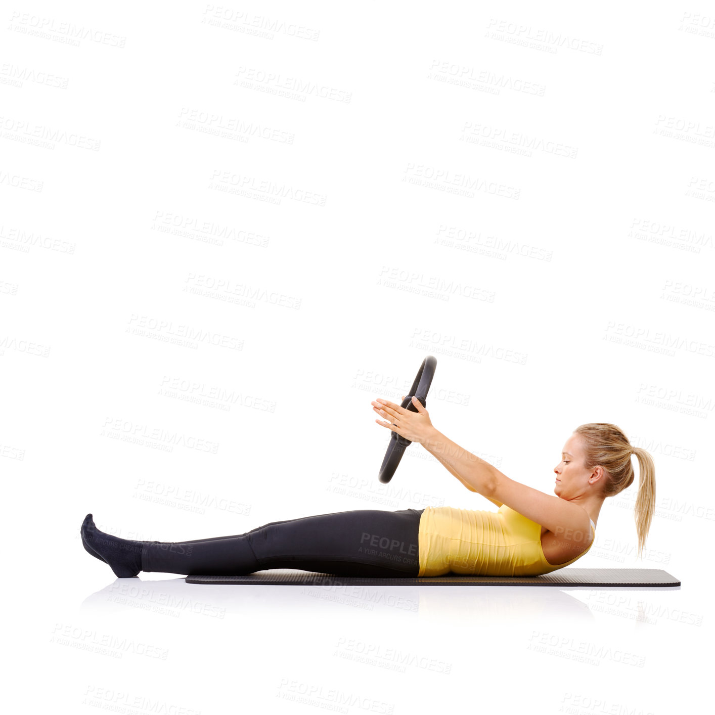 Buy stock photo Woman, pilates ring and arms for exercise training on yoga mat for resistance healthy, strength or studio white background. Female person, equipment for muscle flexibility, core balance or mockup
